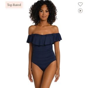 LA BLANCA Island Goddess Off Shoulder Ruffle One Piece Swimsuit Indigo, size 10.